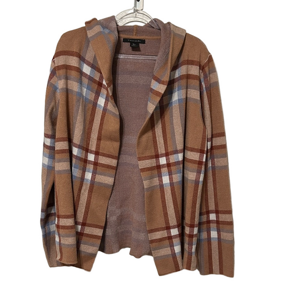 Tahari Jackets & Blazers - 🎠Tahari Plaid cardigan tan brown open front hooded size L GUC